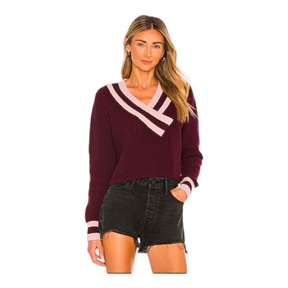 New 525 Revolve Burgundy Pink Stripe Varsity V Neck Cropped Oversized Sweater XS - Picture 1 of 7
